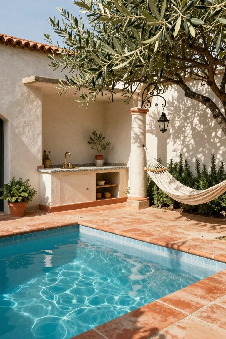22 Creative Freeform Inground Pool Ideas For Natural Flow Small rectangular blue-tiled inground pool with terracotta tile surround, next to white stucco wall with built-in sink, gold faucet, plants, hanging hammock, and overhanging olive tree.