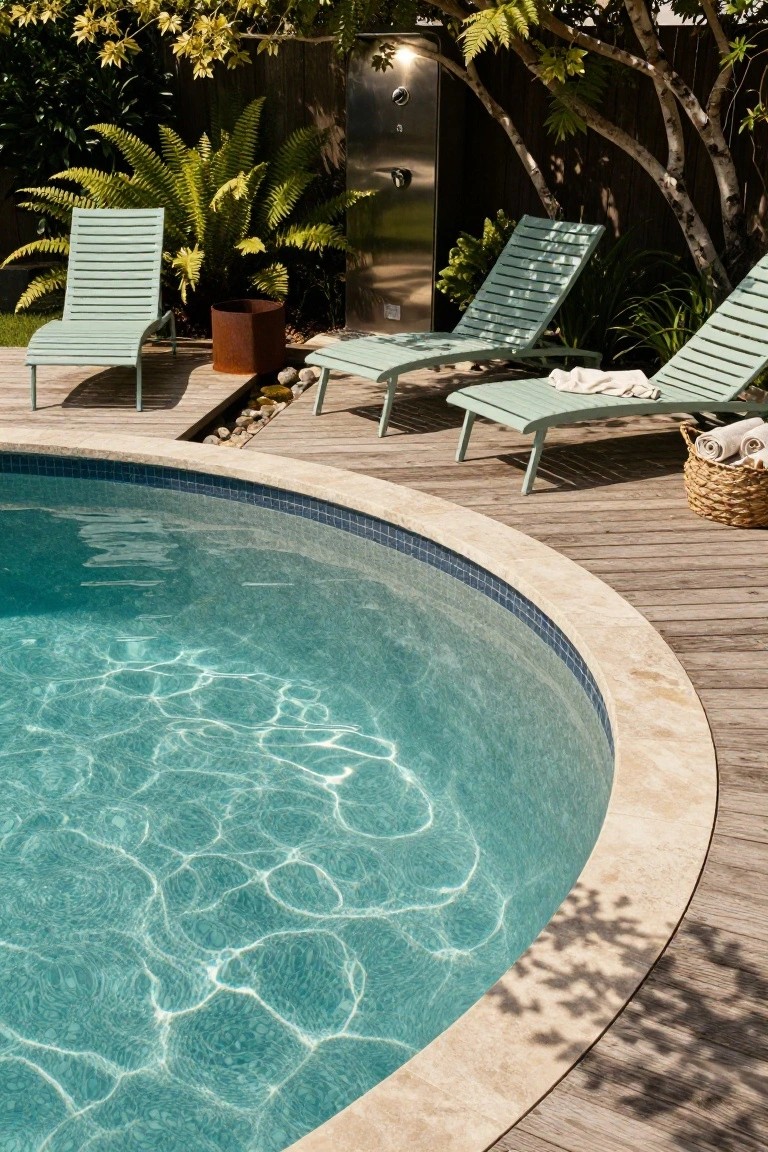 22 Creative Freeform Inground Pool Ideas For Natural Flow Curved turquoise inground pool with travertine tile edging and surrounding wooden deck, green slatted lounge chairs with towels, tropical plants, a metal outdoor shower, and wicker basket on the deck.