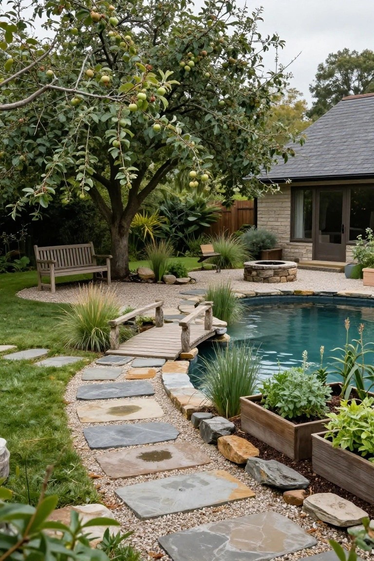 22 Creative Freeform Inground Pool Ideas For Natural Flow Freeform turquoise inground pool in a backyard with a rustic wooden footbridge crossing a narrow section, flanked by irregular stone slab path, grasses, raised planters, fire pit, bench under apple tree, and stone house in background.