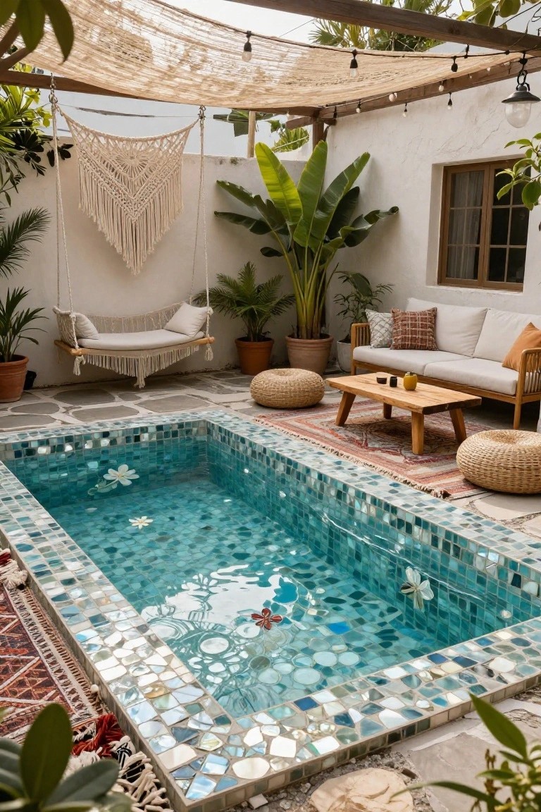 Small rectangular pool with iridescent blue mosaic tiles and floating white flowers, surrounded by white stucco walls, tropical plants, macrame hammock swing, rattan sofa with cushions, woven poufs, low wooden table, and colorful rug on tiled patio floor.