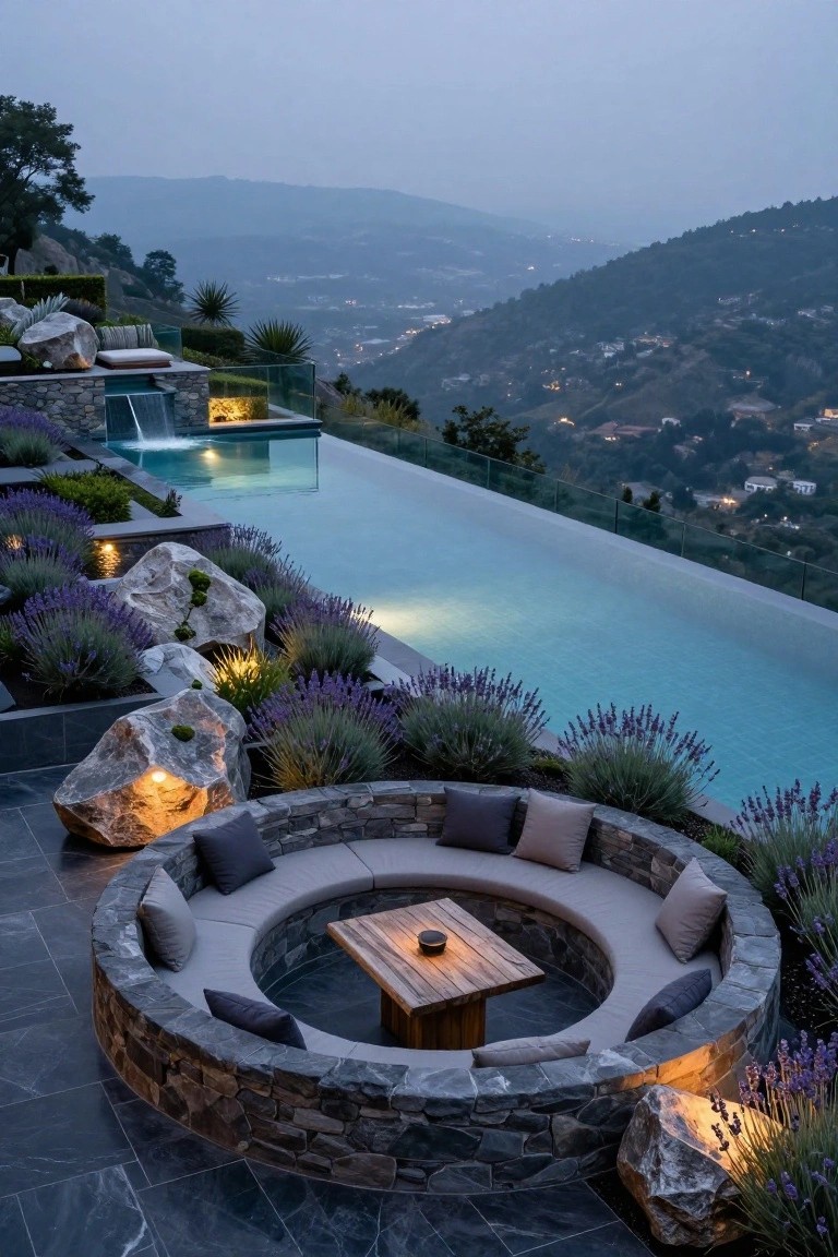 Infinity-edge pool surrounded by lavender plants and lit boulders, with a circular stone wall seating area containing gray cushions and a wooden table, viewed from above at dusk overlooking hills and distant lights.