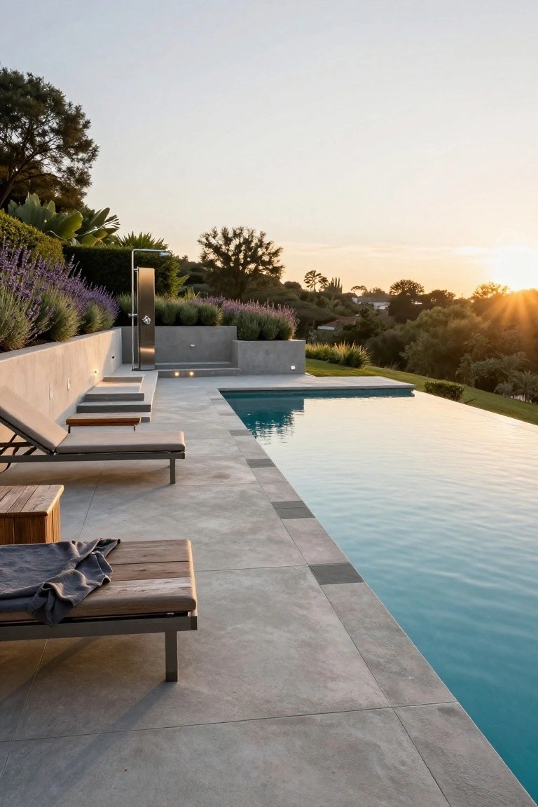 Infinity edge swimming pool with light gray concrete deck and tile borders, two beige sun loungers with wood accents and draped towel, stainless steel outdoor shower post, lavender shrubs in concrete planters along retaining walls, overlooking green hillside at sunset.