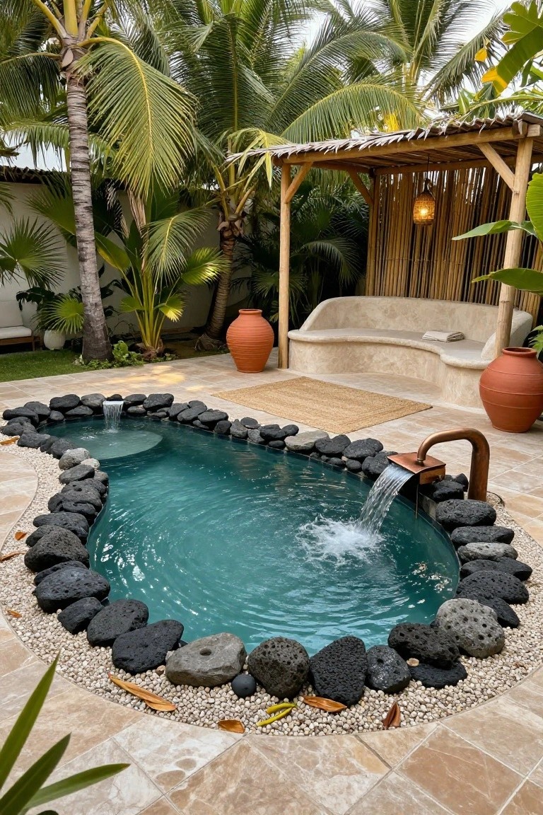 Small turquoise pool with irregular black lava rock edging, copper waterfall spout, curved stone bench, bamboo screen, potted terracotta urns, and tropical plants in a backyard.