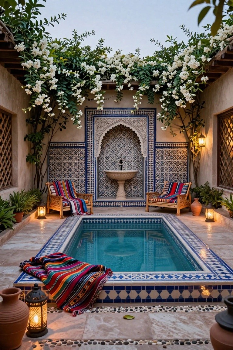 Small rectangular pool with blue and white tile borders in an open-air Moroccan-style courtyard, featuring a matching tiled arched fountain, two wooden chairs draped with colorful striped blankets, clay pots, lanterns, and white flowering vines overhead.