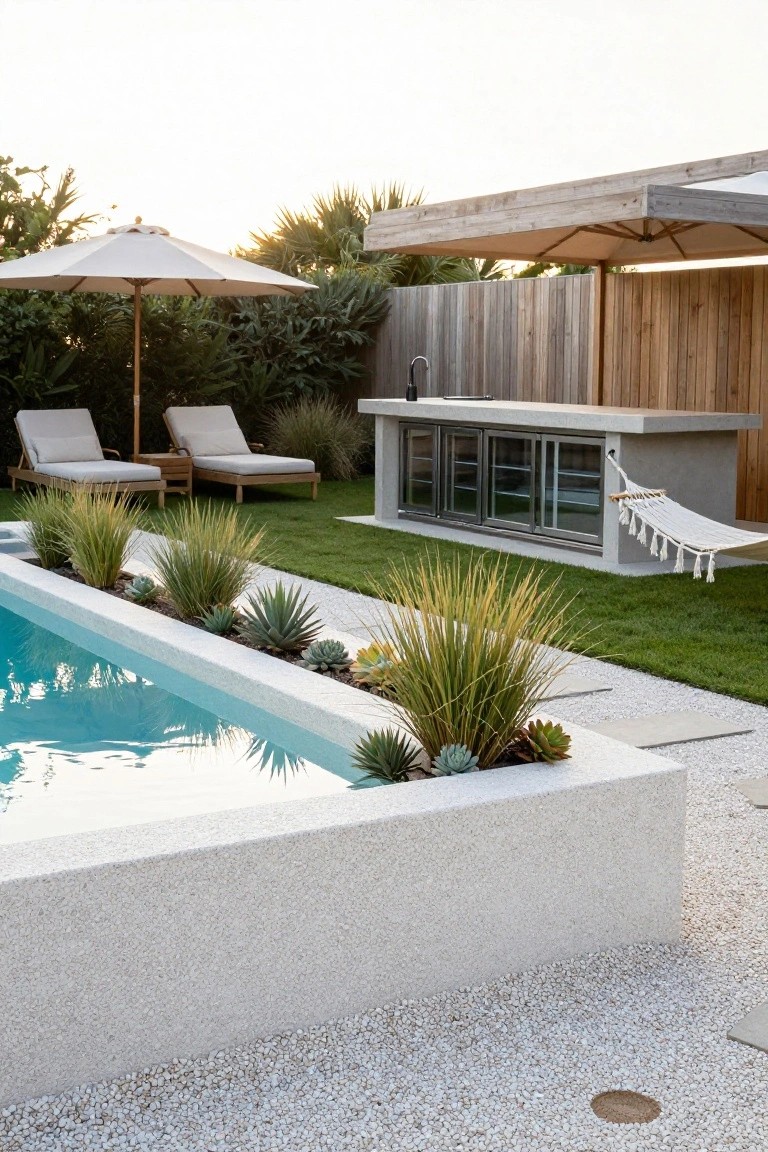 Rectangular infinity-style pool with white raised concrete edge planted with tall ornamental grasses and succulents, adjacent outdoor bar counter with fridge doors and hanging hammock, two beige loungers on grass under umbrella, pebble ground and wooden fence in background.
