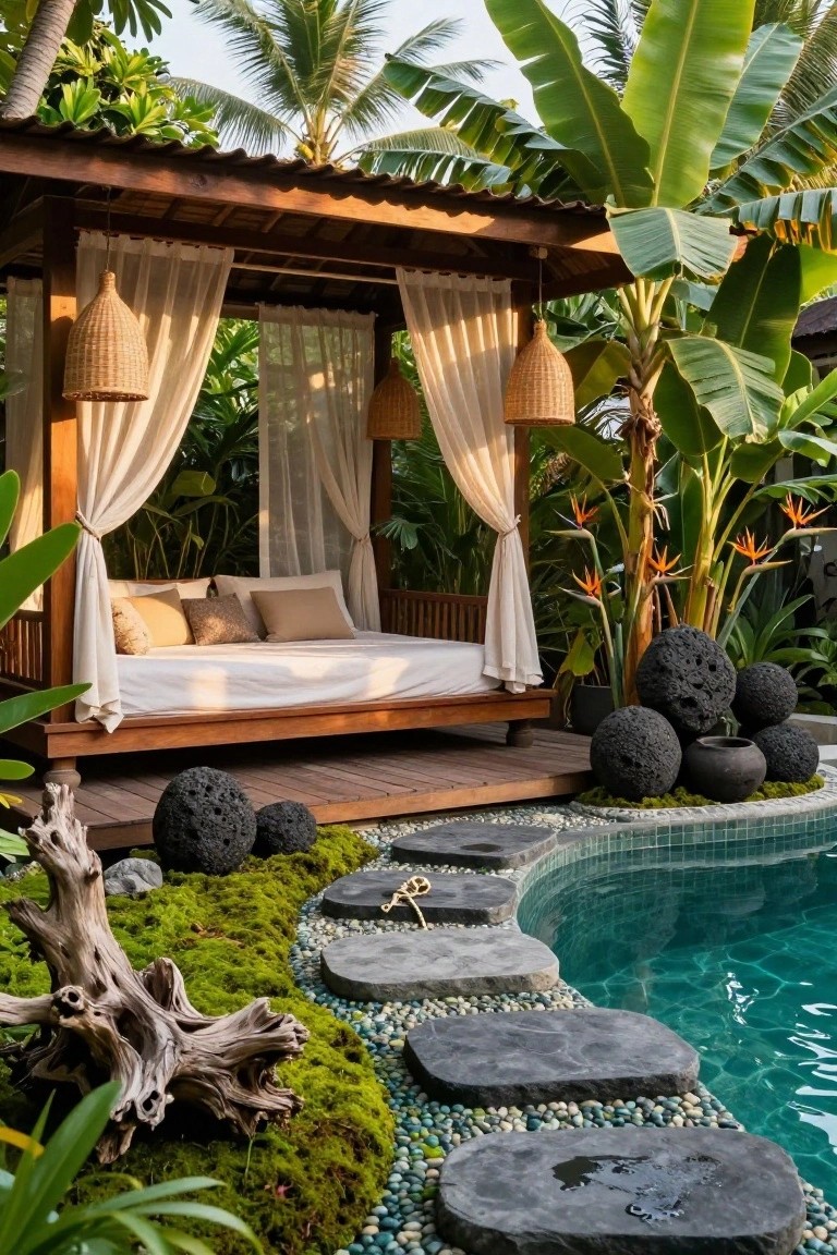 Wooden pavilion with white draped curtains around a cushioned daybed on a deck, next to a curved turquoise pool with tropical plants, lava rock spheres, and a stone pebble path.