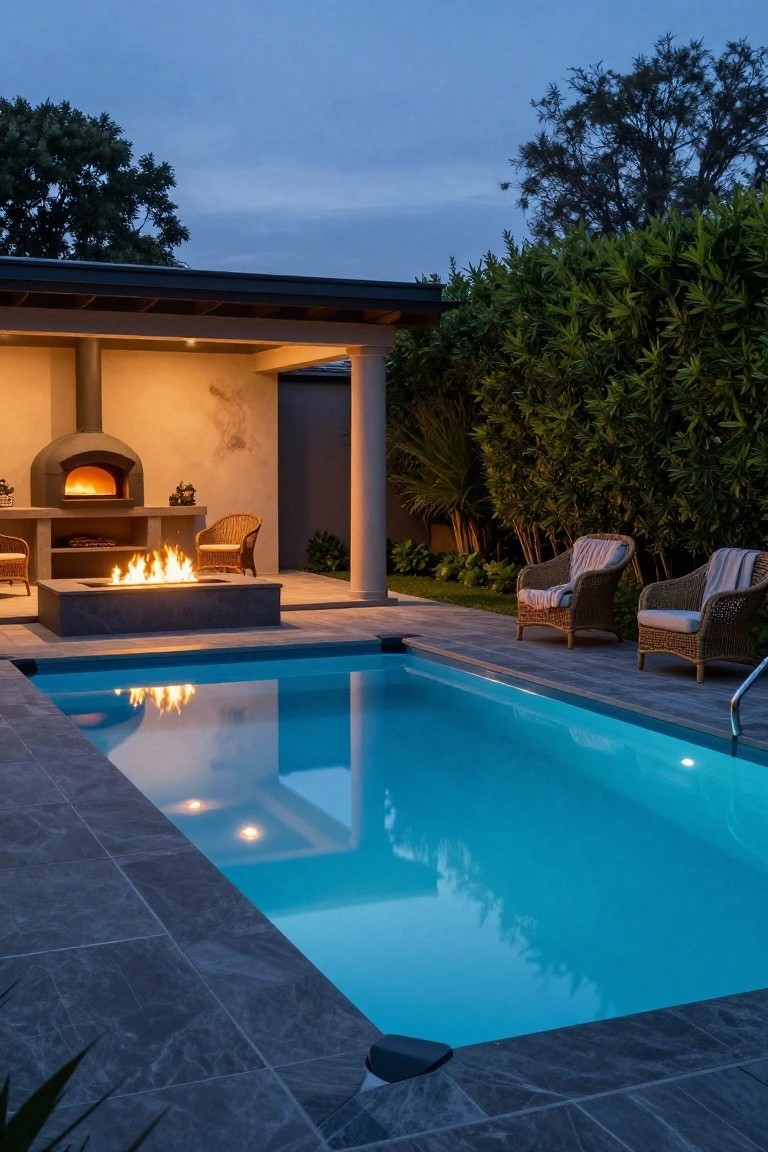 Nighttime view of a rectangular glowing blue pool next to a linear gas fire pit on dark tiled decking, with wicker lounge chairs, a wood oven under a covered patio, and surrounding greenery and trees.