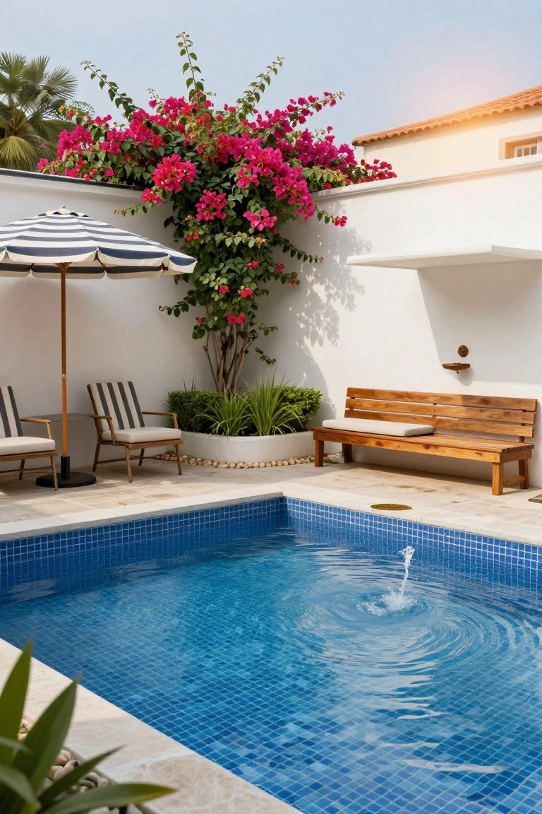 Small rectangular pool with blue tiles and central fountain in a white-walled outdoor space, two striped lounge chairs under matching striped umbrella nearby, wooden bench with cushion on wall, bougainvillea vines on walls, potted plants, and pebble ground.