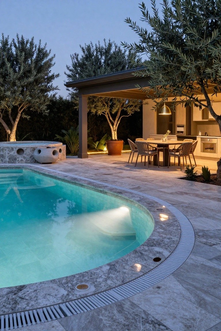 Curved turquoise pool with hot tub, travertine decking and channel drain edge, adjacent outdoor kitchen under wooden pergola, round wooden dining table with rattan chairs, large terracotta pots, olive trees, and warm ground and pendant lighting at dusk.
