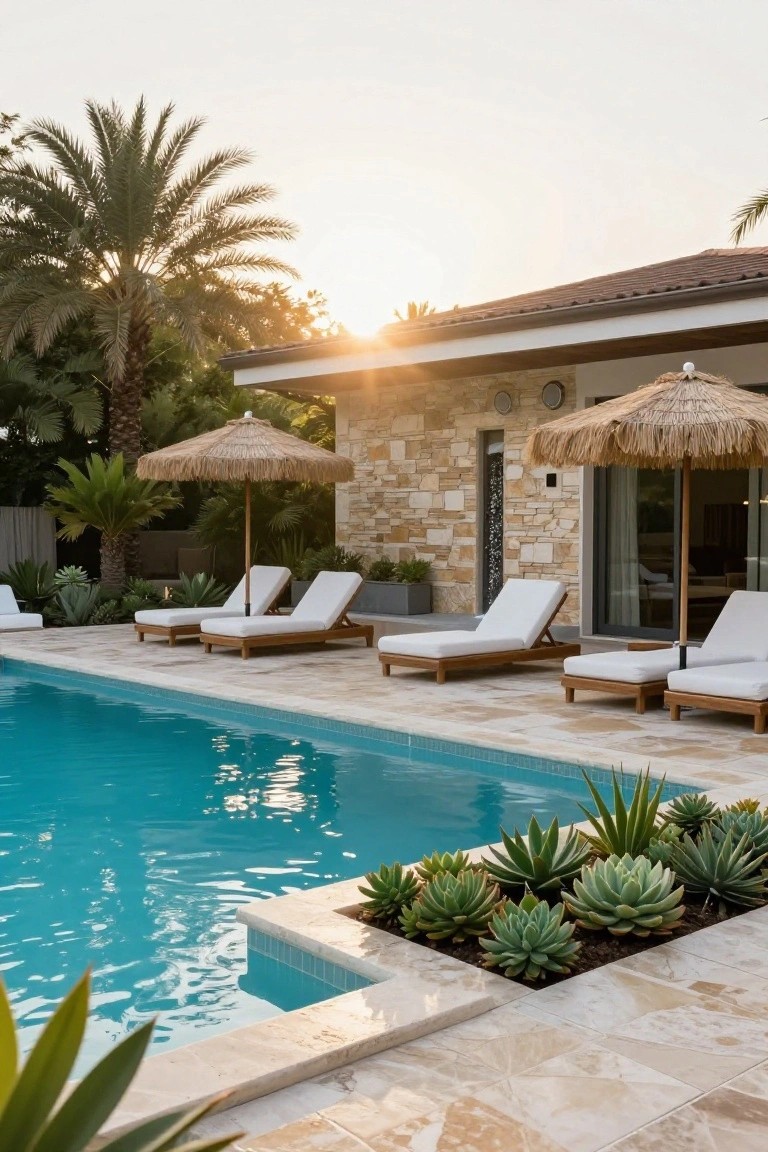 Turquoise pool edged in beige stone tiles with white cushioned wooden loungers under several thatched umbrellas, adjacent to a stone house wall, palm trees, and succulent plants in raised beds at sunset.