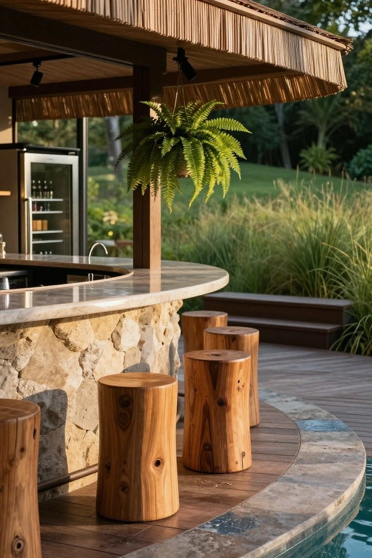 Curved stone bar counter with natural wood tree trunk stools at the edge of a swimming pool, under a thatched roof with hanging plants and greenery in the background.