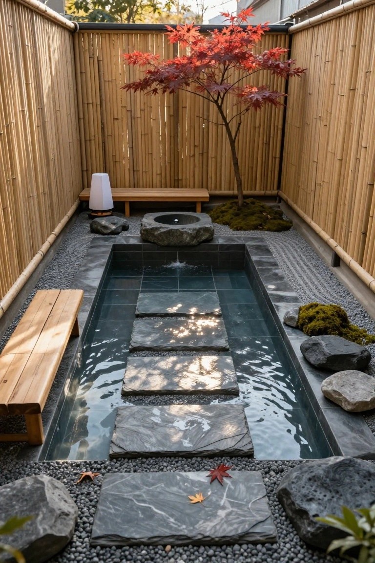 Small rectangular dark-tiled pool in a bamboo-fenced backyard with large flat gray stepping stones crossing the water, surrounded by moss-covered rocks, gravel paths, and a red Japanese maple tree.