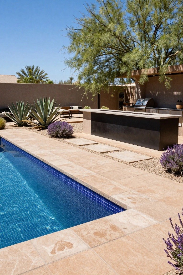 Backyard swimming pool with light beige travertine decking edged in blue tiles, surrounded by agave plants, lavender bushes, gravel areas, and a black outdoor bar with grill nearby under a mesquite tree.