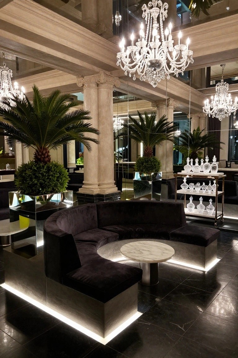 22 Event Ready Pool Lighting Ideas That Set the Perfect Scene Opulent interior lounge featuring multiple crystal chandeliers, tall potted palms, a curved black velvet sofa on illuminated platforms, marble table, and a cart displaying glass decanters beside mirrored walls and columns.