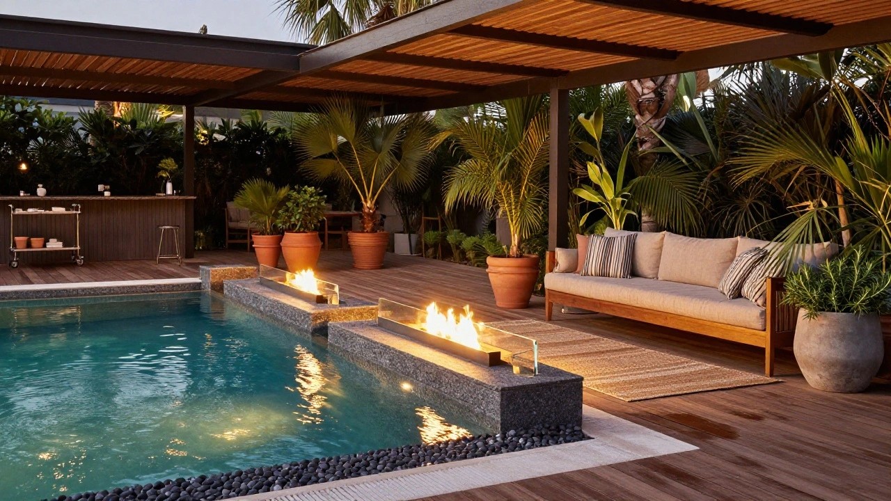 Poolside wooden deck at dusk with lit fire pit in glass bowl on stone base, beige rattan sofa on rug, potted plants, bar counter, pergola overhead, and turquoise pool water with edge lighting and pebble border.