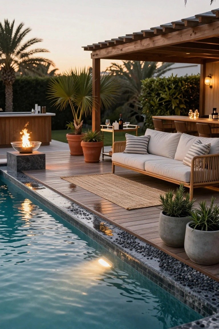 22 Event Ready Pool Lighting Ideas That Set the Perfect Scene Poolside wooden deck at dusk with lit fire pit in glass bowl on stone base, beige rattan sofa on rug, potted plants, bar counter, pergola overhead, and turquoise pool water with edge lighting and pebble border.