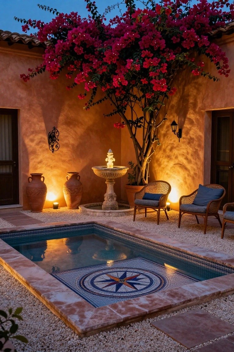 22 Event Ready Pool Lighting Ideas That Set the Perfect Scene Small rectangular pool with blue tiles and mosaic compass design on the bottom edge, surrounded by gravel ground, terracotta pots with low lights, stone fountain, wicker chairs, and bougainvillea tree against stucco walls with doors at evening.