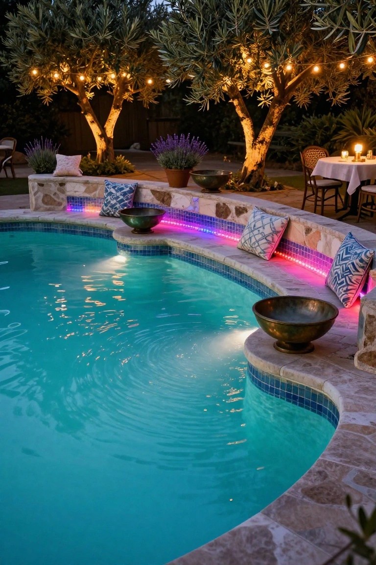 22 Event Ready Pool Lighting Ideas That Set the Perfect Scene Curved swimming pool at night lit by multicolored LED strip lights along the stone bench edge, with throw pillows on benches, olive trees strung with fairy lights, potted plants, and a candlelit dining table on a patio nearby.