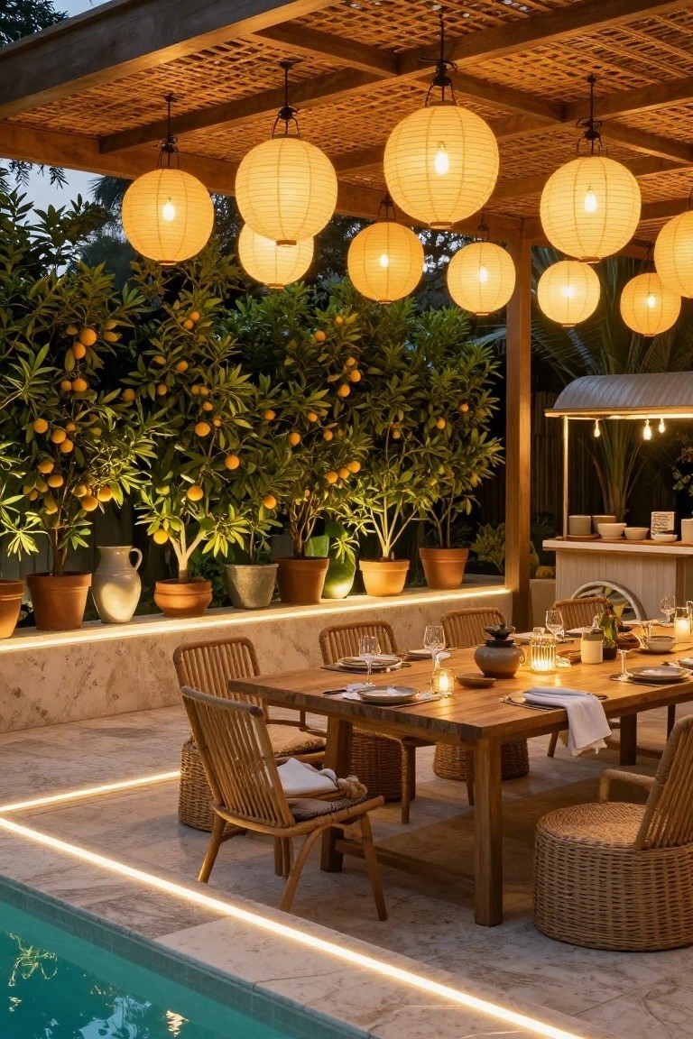 22 Event Ready Pool Lighting Ideas That Set the Perfect Scene Wooden pergola over a pool deck hung with multiple glowing paper lanterns, wooden dining table set with plates and wine glasses, potted orange trees along the edge, and pool water visible nearby.