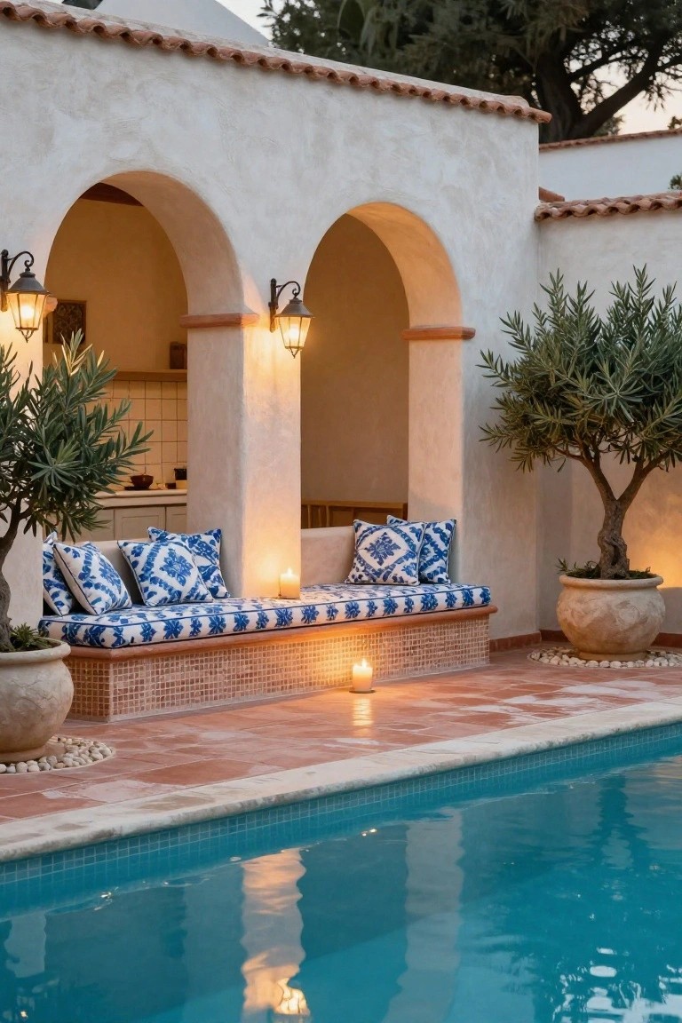 22 Event Ready Pool Lighting Ideas That Set the Perfect Scene White stucco wall with two arches forming an alcove containing a built-in bench with blue patterned cushions and pillows, lit by wall-mounted lanterns and candles, potted olive trees on either side, adjacent to a lit blue pool at dusk with terracotta tile flooring.