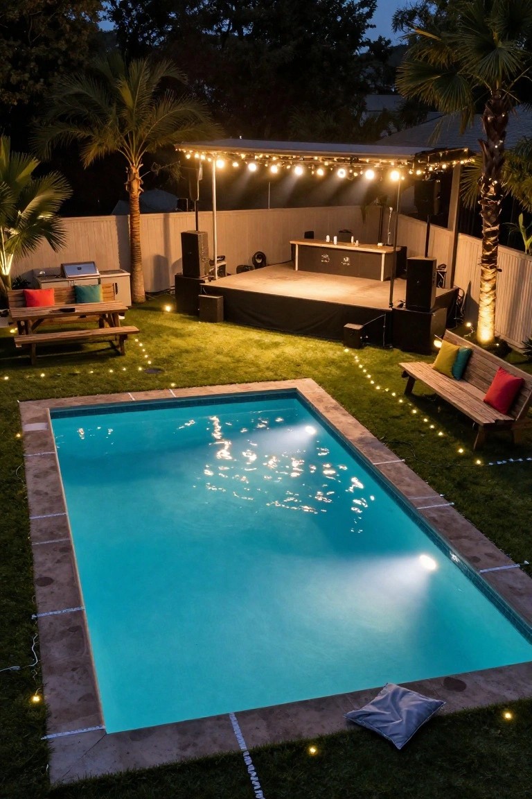 22 Event Ready Pool Lighting Ideas That Set the Perfect Scene Aerial nighttime view of a rectangular backyard pool with turquoise water, a wooden stage under a canopy strung with fairy lights, palm trees, benches, picnic tables, and ground lights outlining paths and edges.