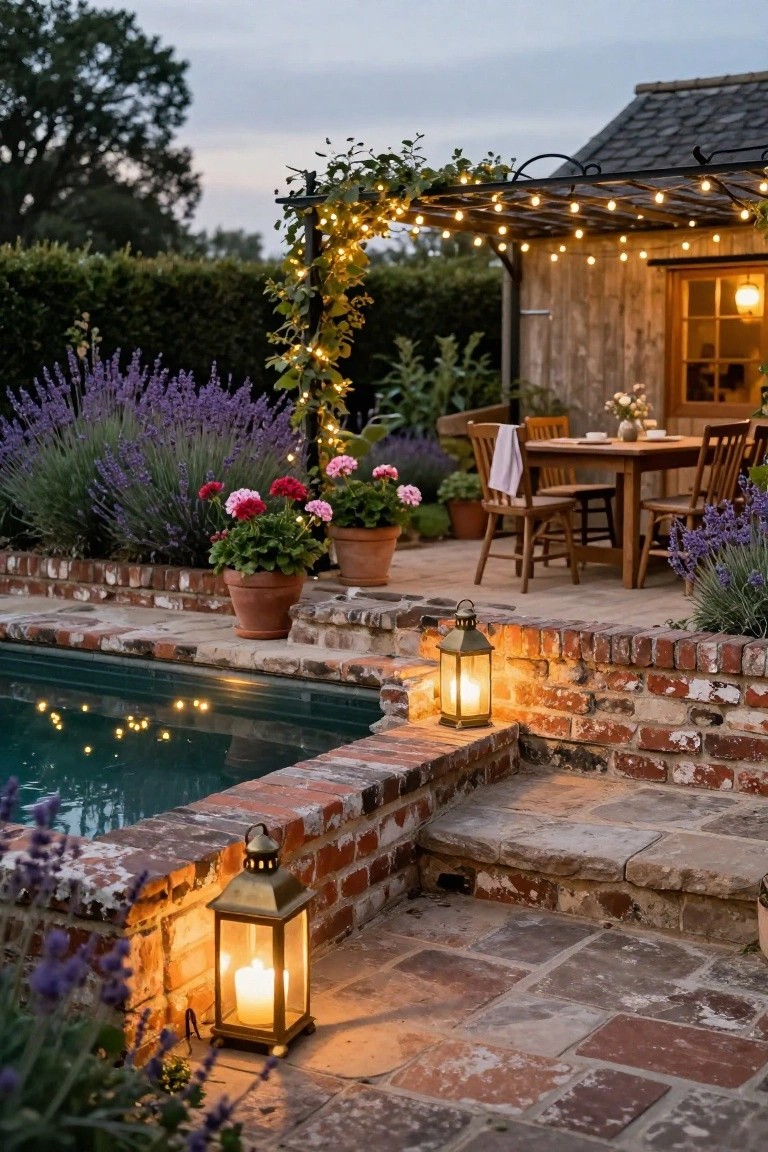 22 Event Ready Pool Lighting Ideas That Set the Perfect Scene Poolside patio at dusk featuring a wooden dining table under a vine-draped pergola with string lights, potted lavender and geraniums along brick walls, brass lanterns on steps to the pool, and a small wooden structure with interior lamp light.