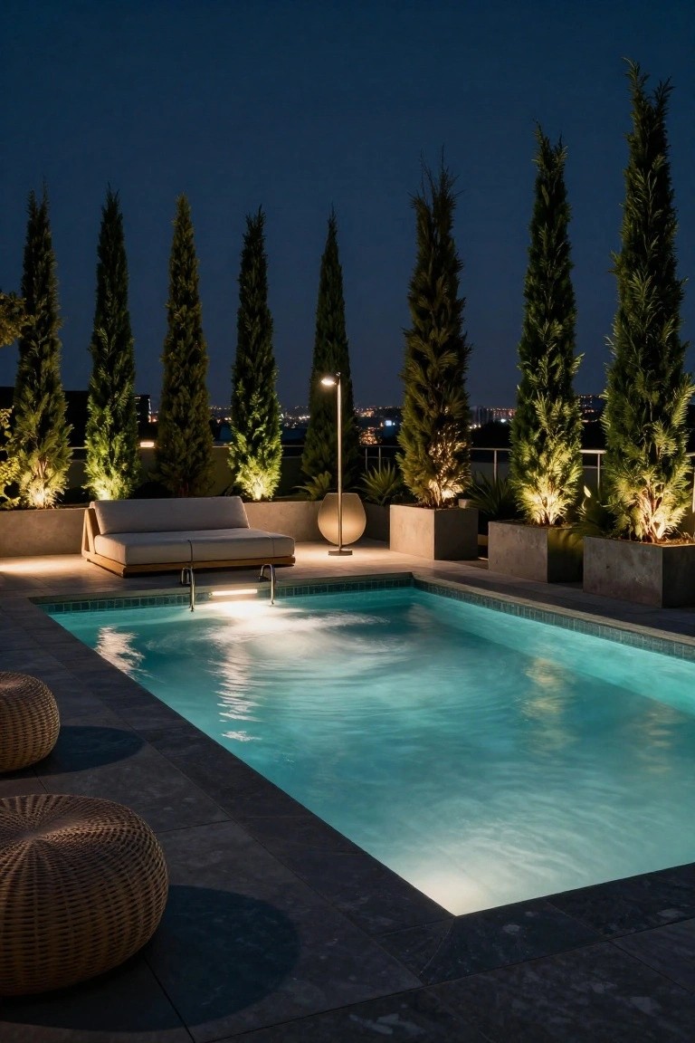 22 Event Ready Pool Lighting Ideas That Set the Perfect Scene Nighttime rooftop pool deck with tall cypress trees uplighted from below, a low daybed lounger nearby, potted plants in concrete boxes, floor lamps, and glowing blue-green pool water.