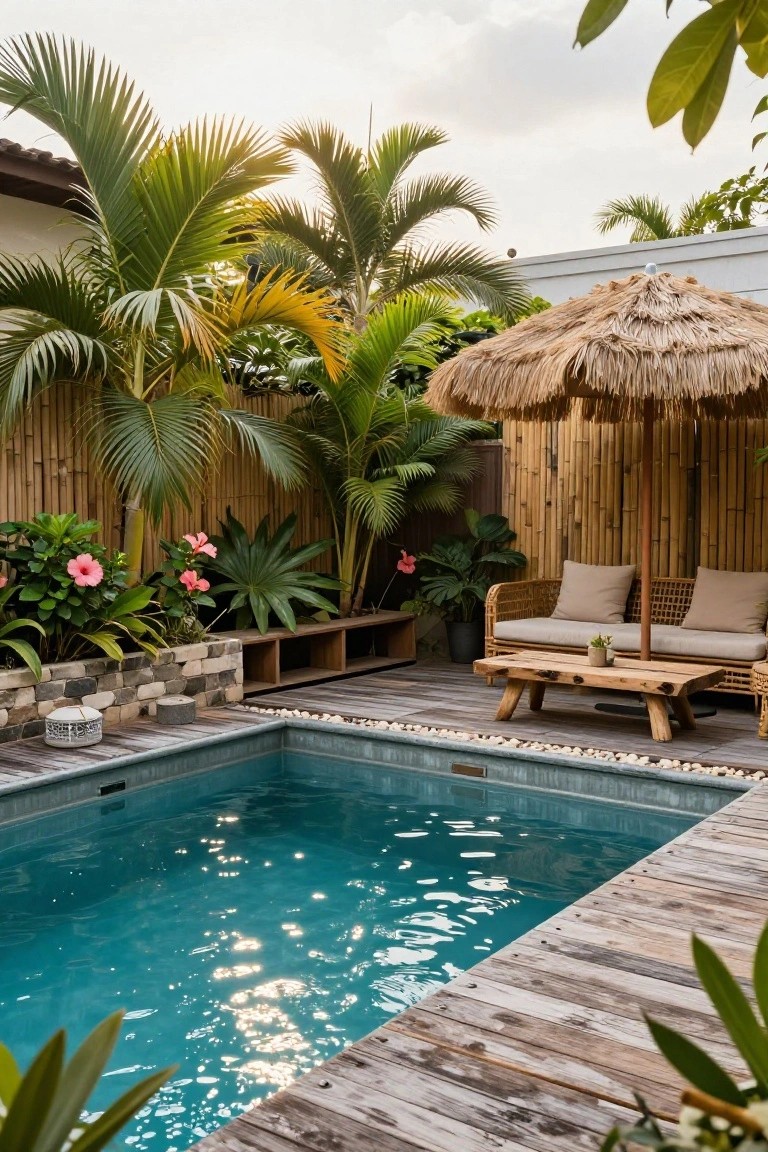 Small turquoise pool on wooden decking surrounded by bamboo fencing, tropical plants, rattan sofa and low table under thatched umbrella, with pebble border and stone planters.