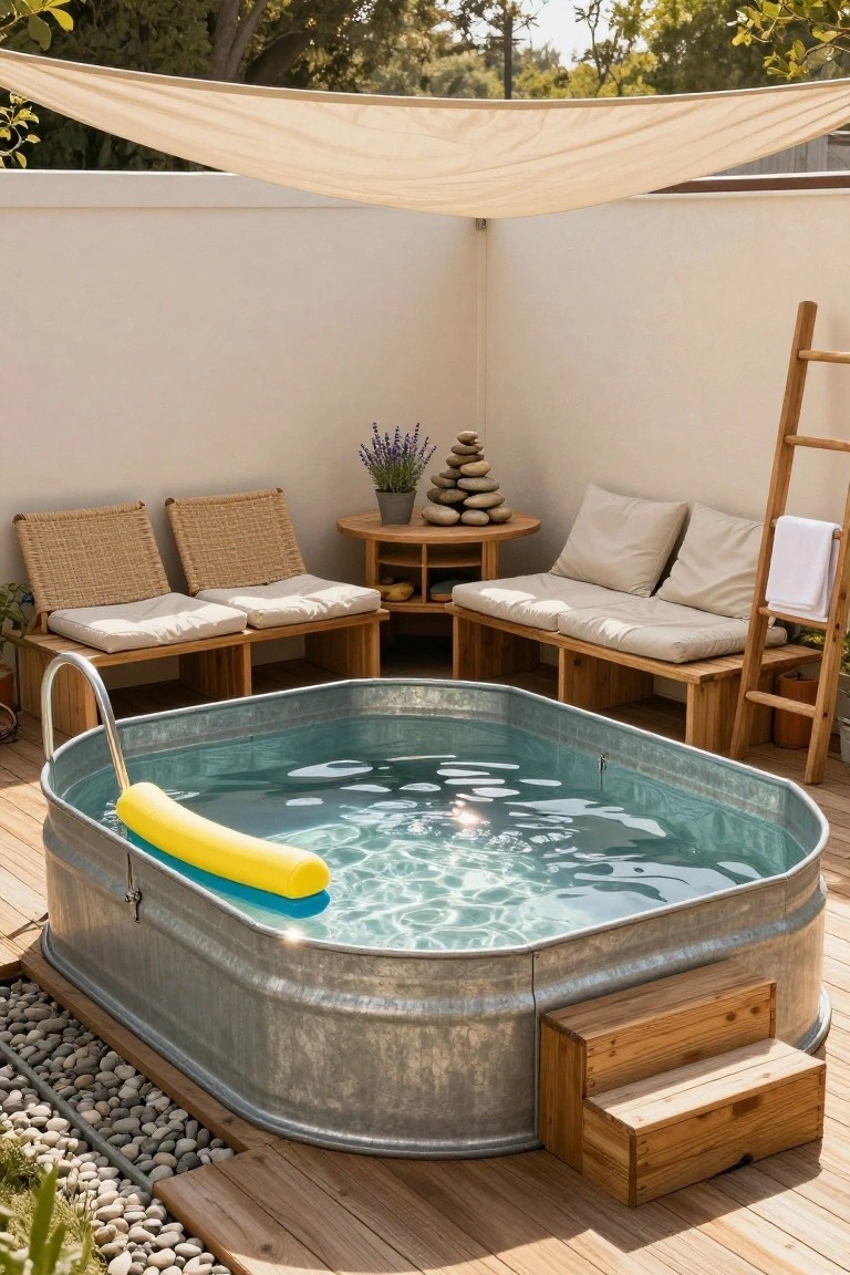 Galvanized stock tank pool filled with turquoise water and a yellow float in an outdoor corner surrounded by wooden benches, rattan loungers with cushions, a small table with lavender plant and rocks, wooden ladder, and beige shade canopy overhead.