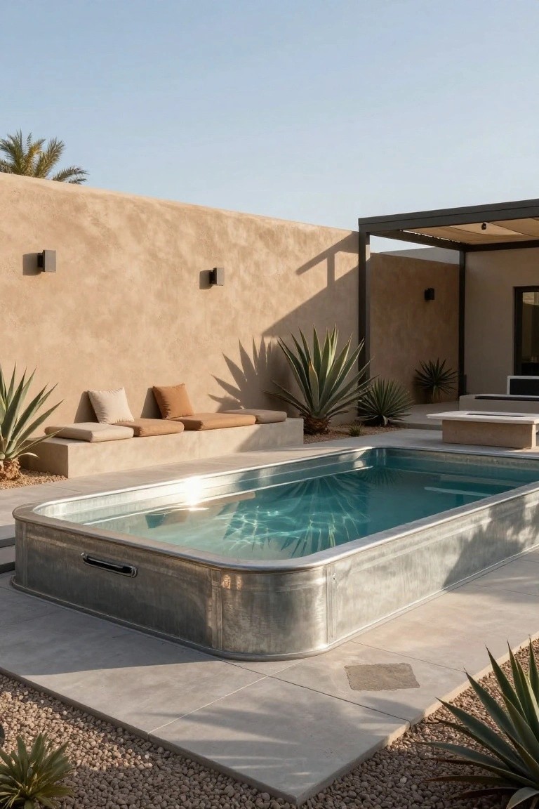 Rectangular galvanized metal stock tank pool in a beige stucco-walled outdoor courtyard with agave plants, built-in cushioned benches, gravel ground cover, and a metal pergola structure.