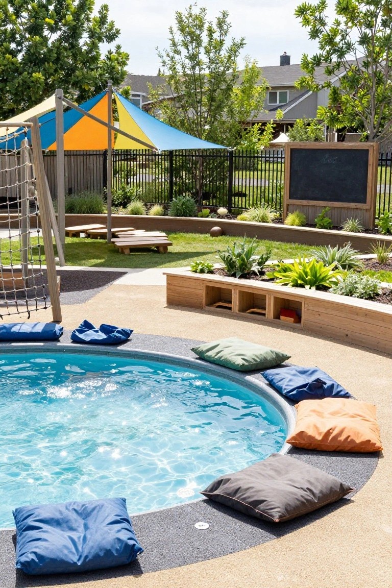 Circular blue stock tank pool edged with colorful floor cushions including blue, orange, and gray pillows in an outdoor play area with climbing nets, raised garden beds, and trees.