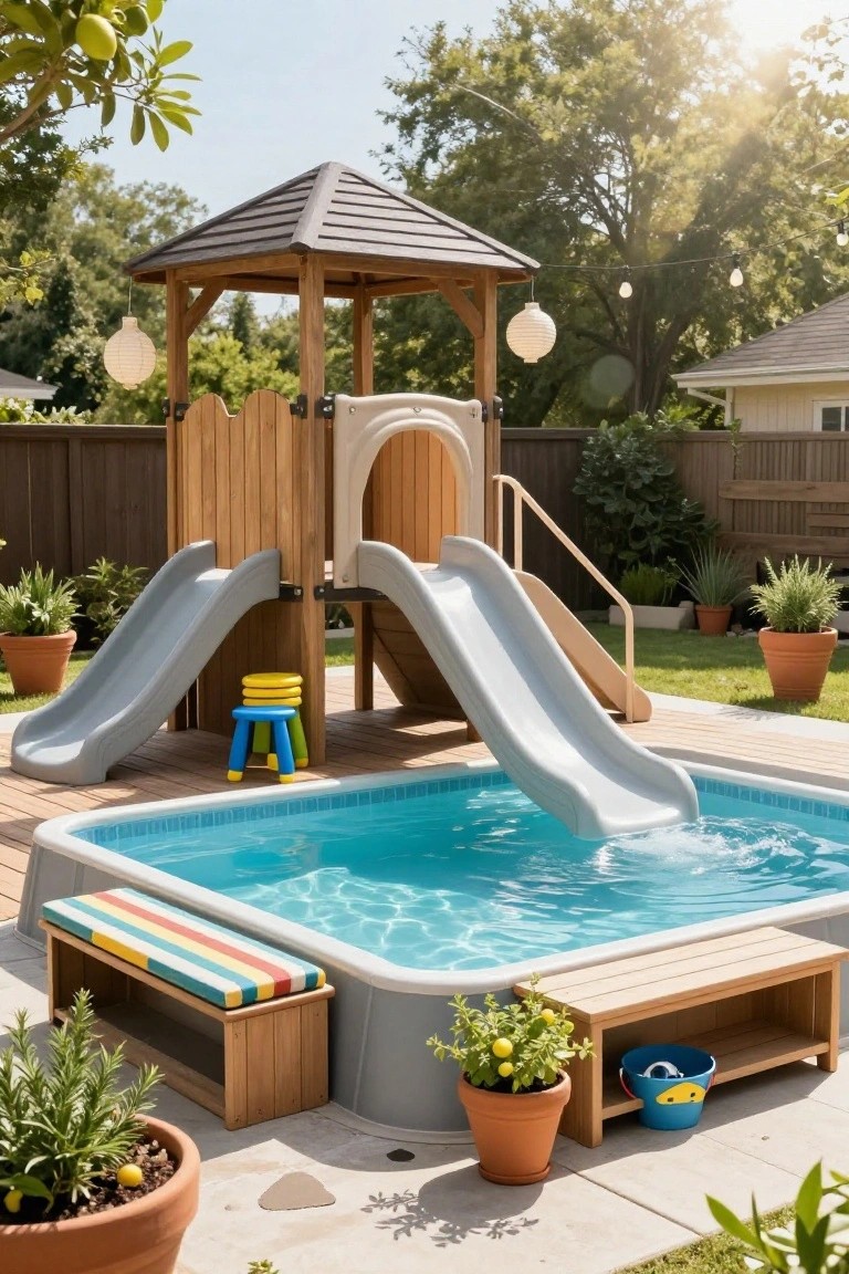 Backyard stock tank pool integrated with a wooden playset tower, featuring two gray slides that empty directly into the turquoise water, plus nearby plants, stools, and a bench.