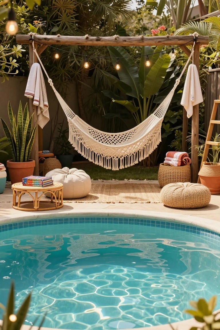 Small round turquoise pool in a backyard surrounded by tropical plants, with a white macrame hammock hanging from a wooden pergola frame, draped towels, beige poufs, a rattan table with books, woven baskets, and string lights.