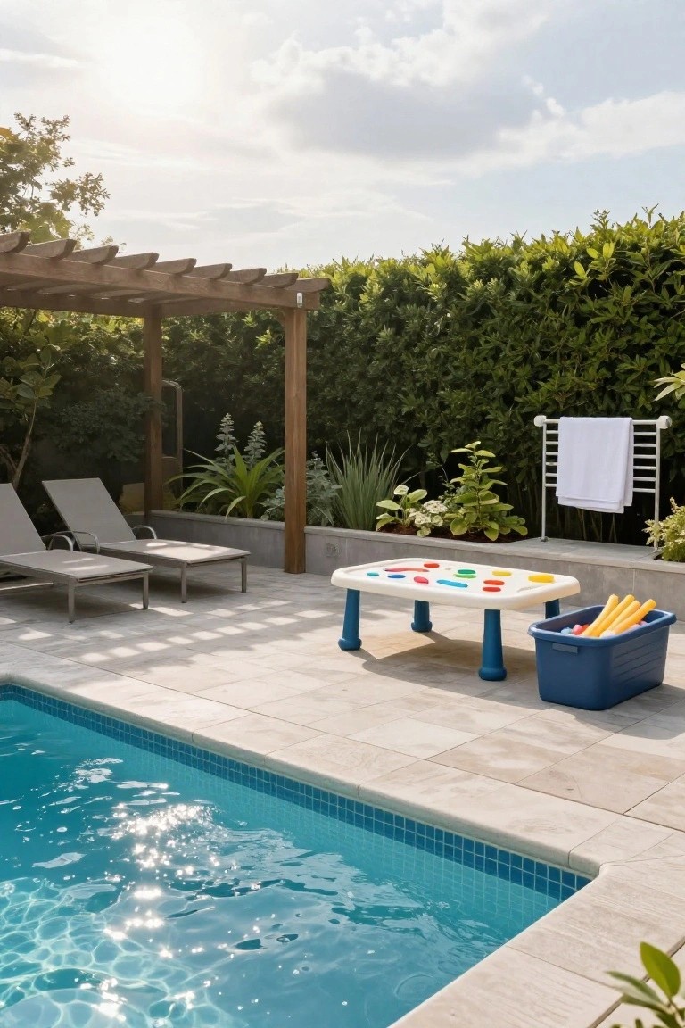 Outdoor poolside patio with a low white kids' table topped with colorful shapes, a blue bin of yellow pool floats and ice, two gray loungers, plants, a pergola, and a blue-tiled pool edge.
