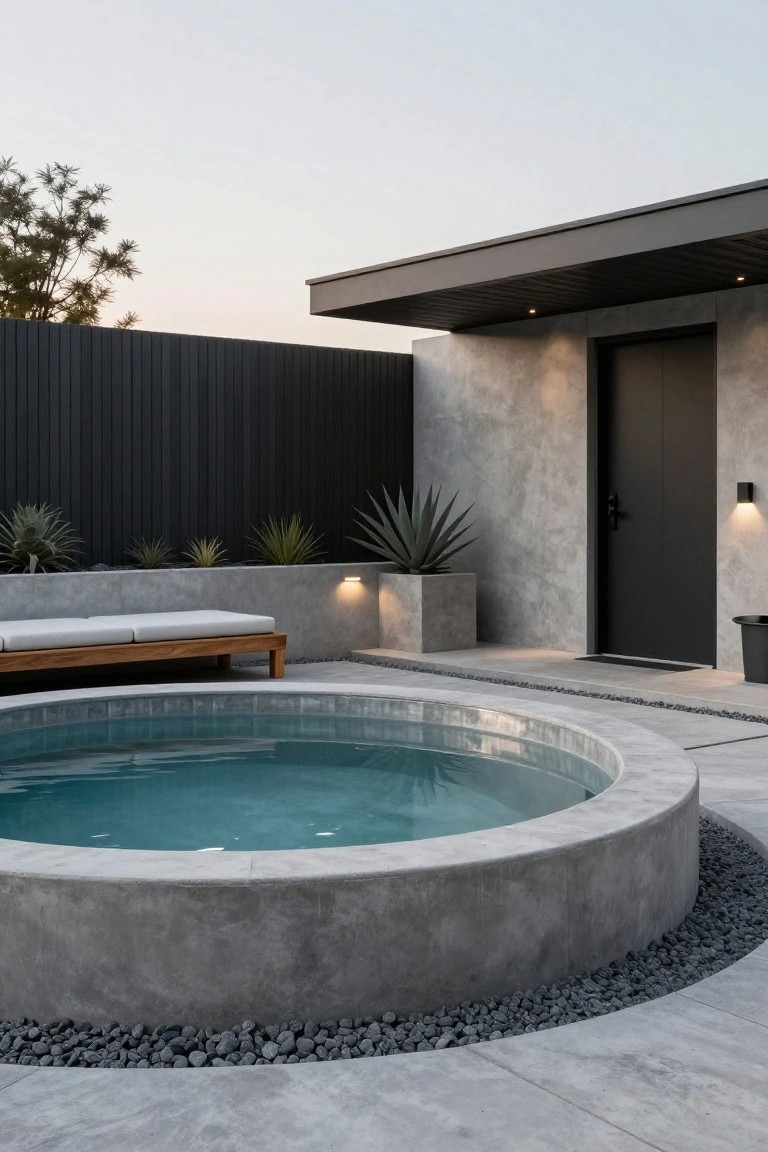 Round concrete hot tub in a pebble surround on a concrete patio next to a wooden daybed with white cushions, agave plants, black timber fence, and a gray stucco wall with black door.
