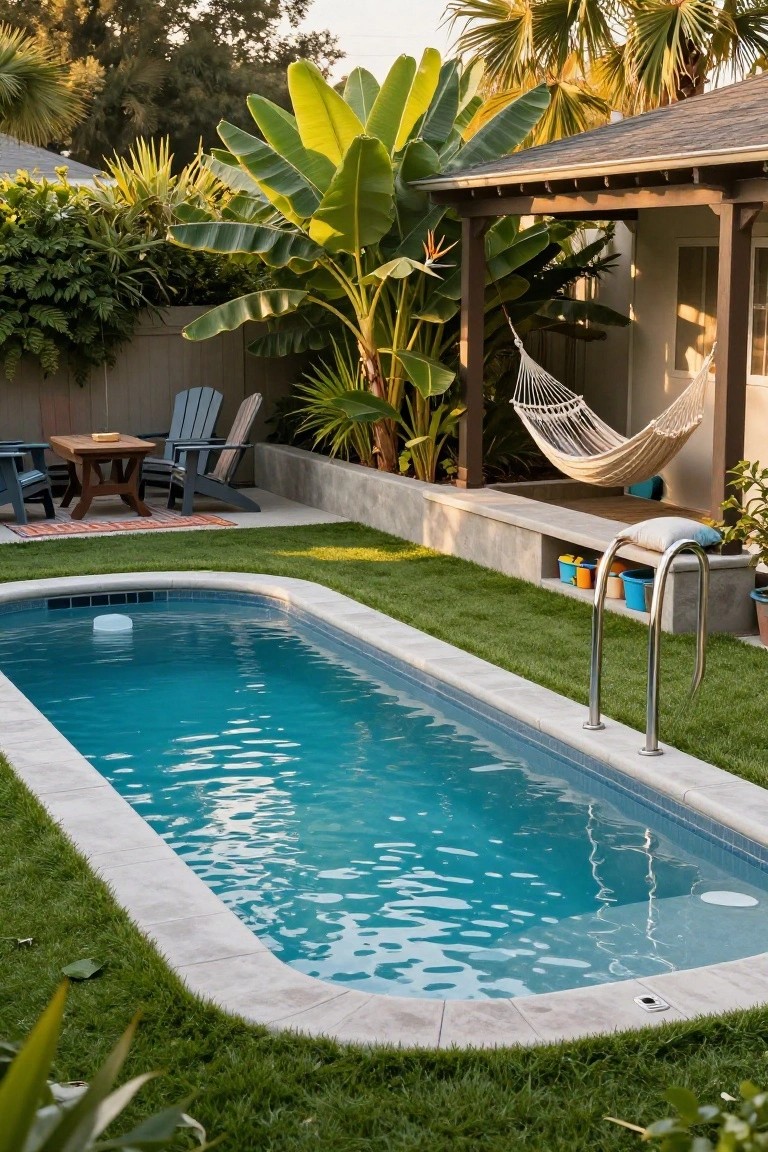 Oval-shaped in-ground pool with turquoise water and bubbler in a grassy backyard surrounded by tropical plants, Adirondack chairs around a wooden table, a hammock under a wooden pergola, and a house visible in the background.