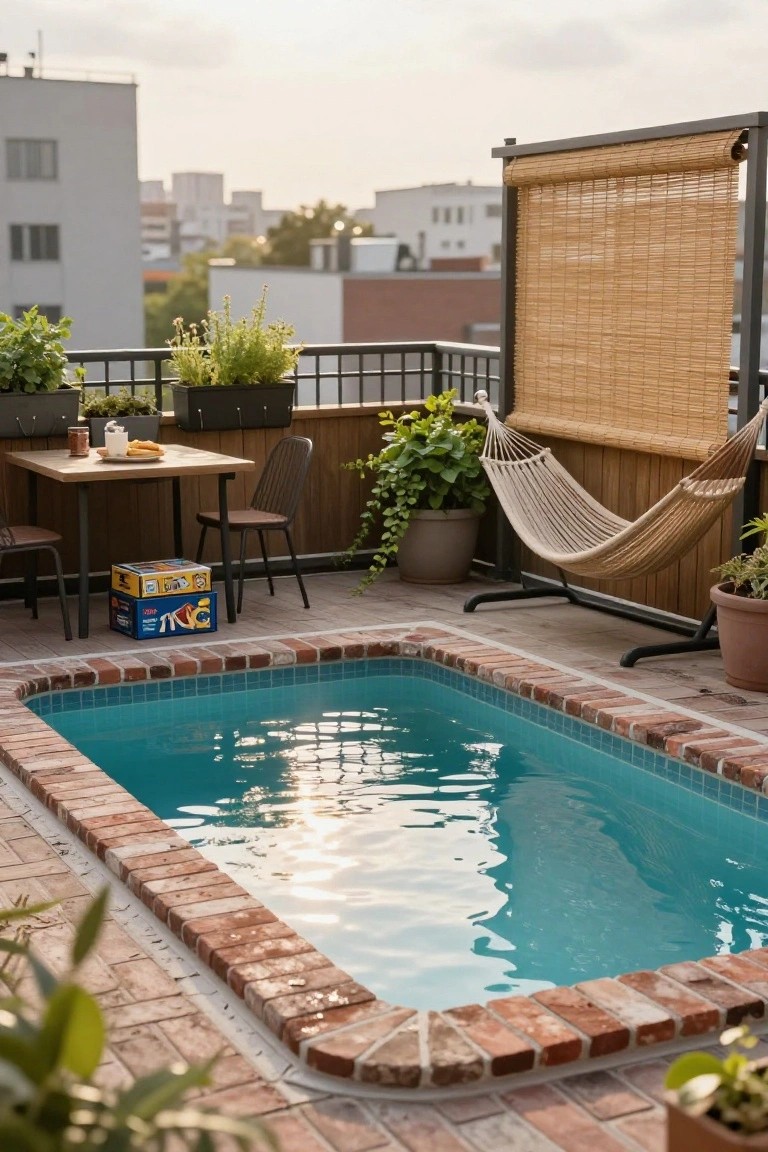Rooftop terrace with small rectangular turquoise pool, potted plants, wooden table with chairs and food, hammock, and stacked blue beer crates near brick edging and city skyline.