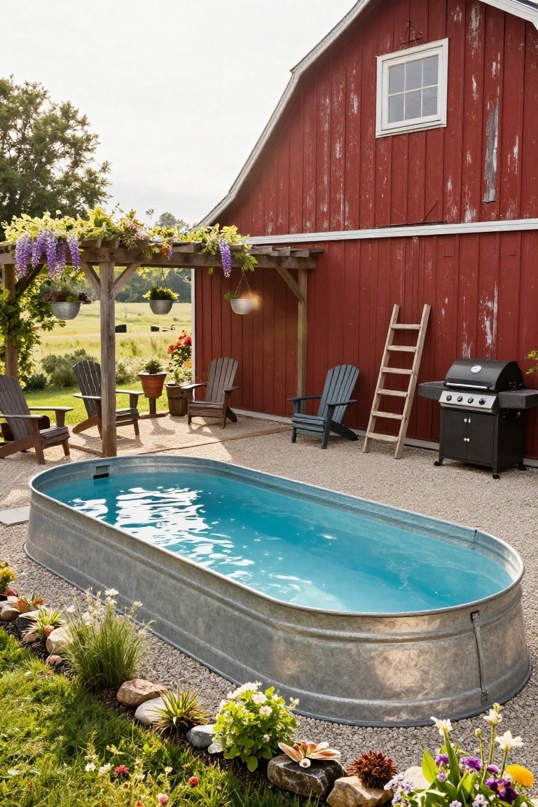 Oval galvanized stock tank pool filled with blue water on a gravel patio next to a red barn, surrounded by Adirondack chairs, a black grill, wooden ladder, potted plants, hanging flowers, and perimeter landscaping with rocks and blooms.