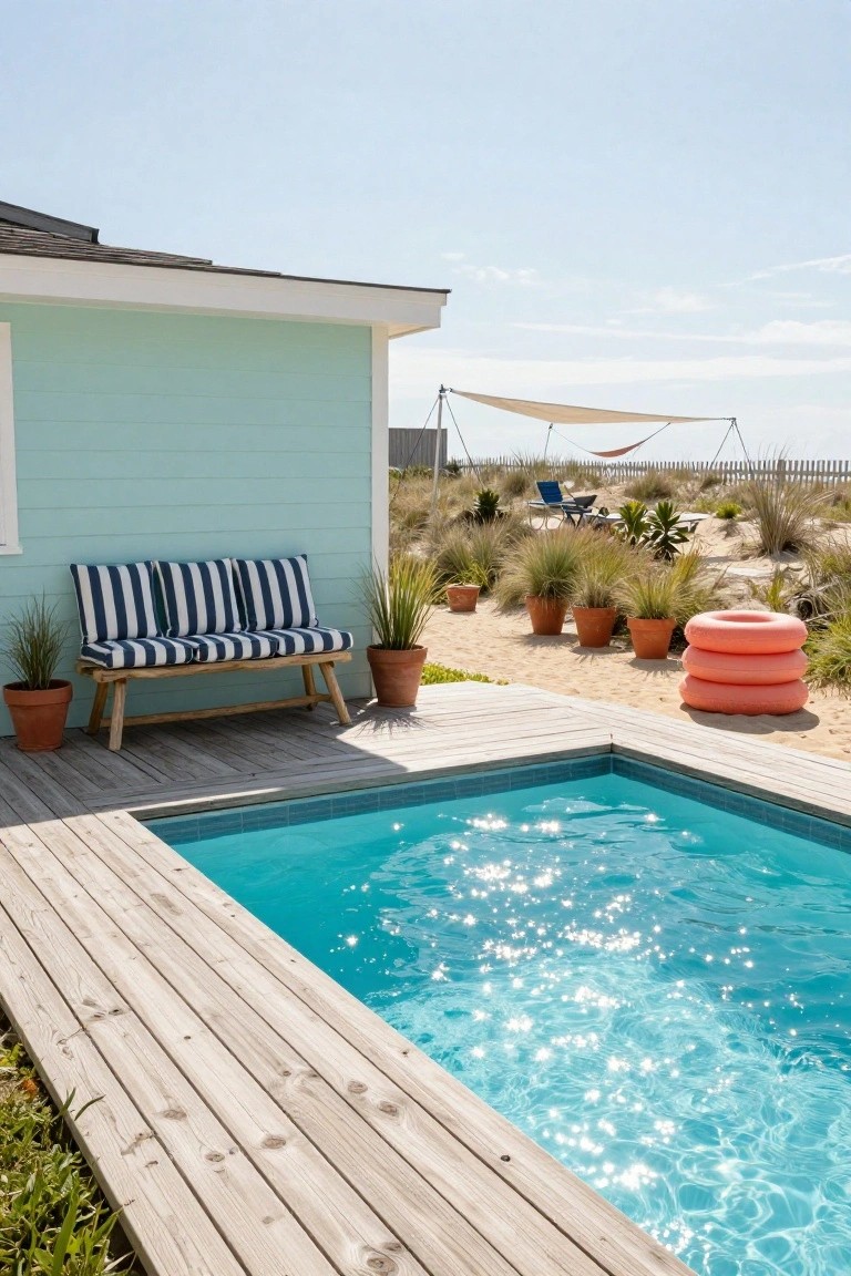 Turquoise rectangular pool on a wooden deck beside a light green beach house, with a blue and white striped cushioned wooden bench, potted plants, orange pool floats stacked nearby, and sandy dunes with vegetation in the background.