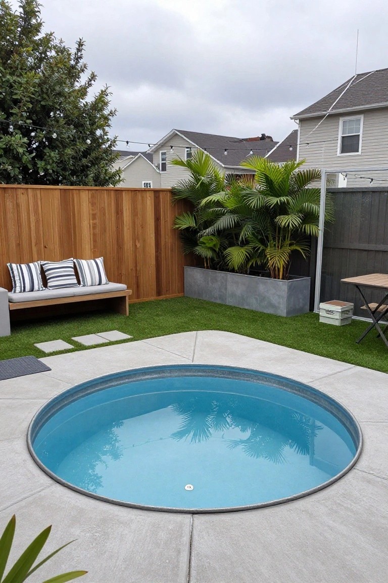 A round blue stock tank pool embedded in a concrete patio surrounded by artificial grass, with a wooden bench nearby, metal planter of palm plants, small table, and wooden fence in a backyard.