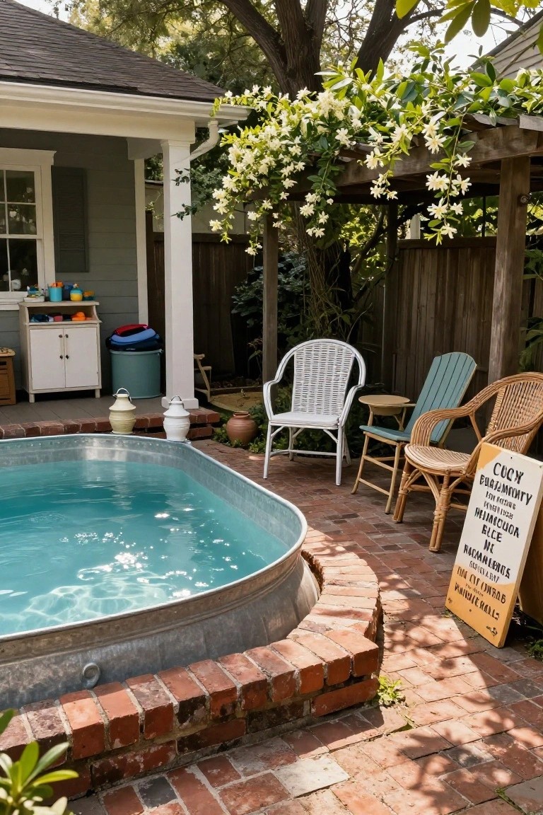 Galvanized stock tank pool filled with turquoise water in a brick-paver backyard patio, surrounded by wicker chairs, with a house, plants, and a sign nearby.