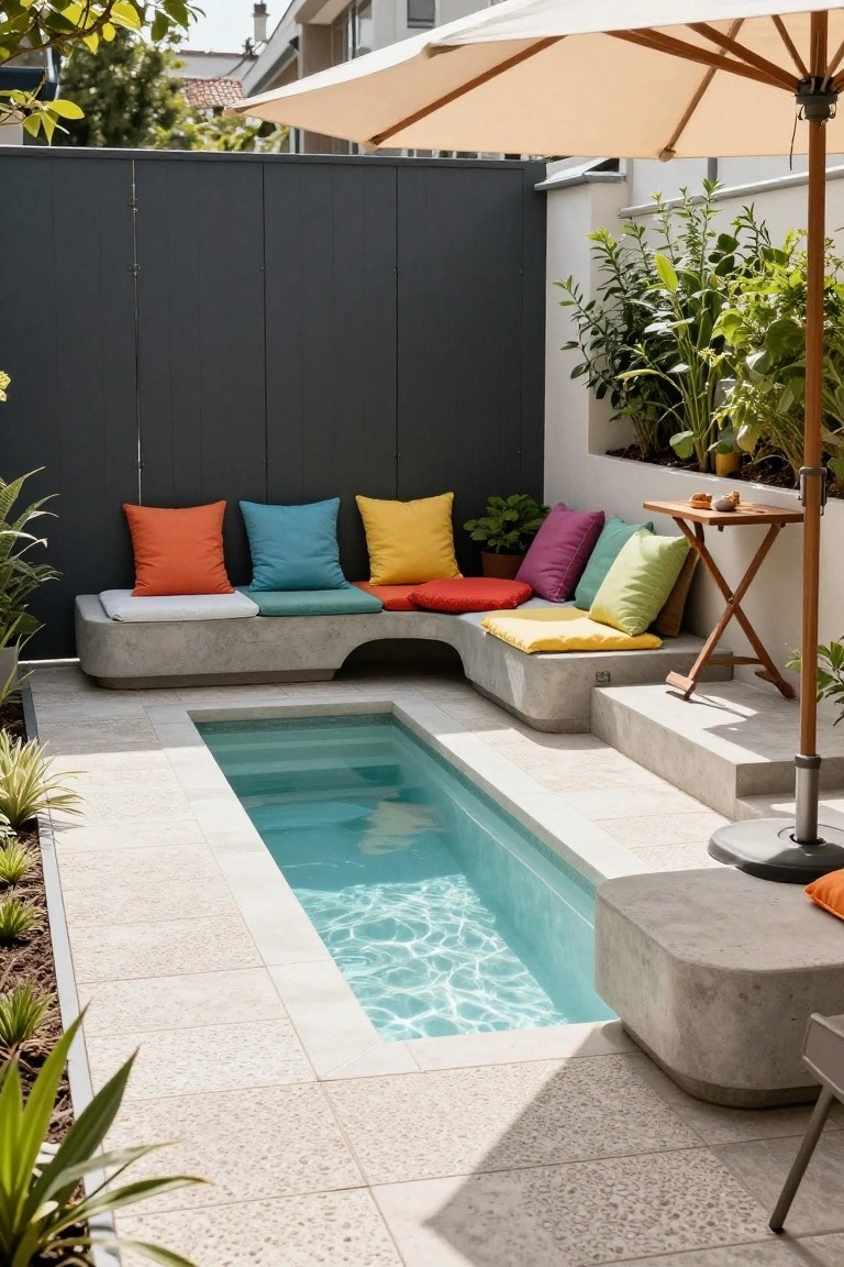 Narrow rectangular pool with L-shaped concrete bench topped by colorful cushions, potted plants, small table, and beige umbrella on a light tiled patio enclosed by a dark fence.