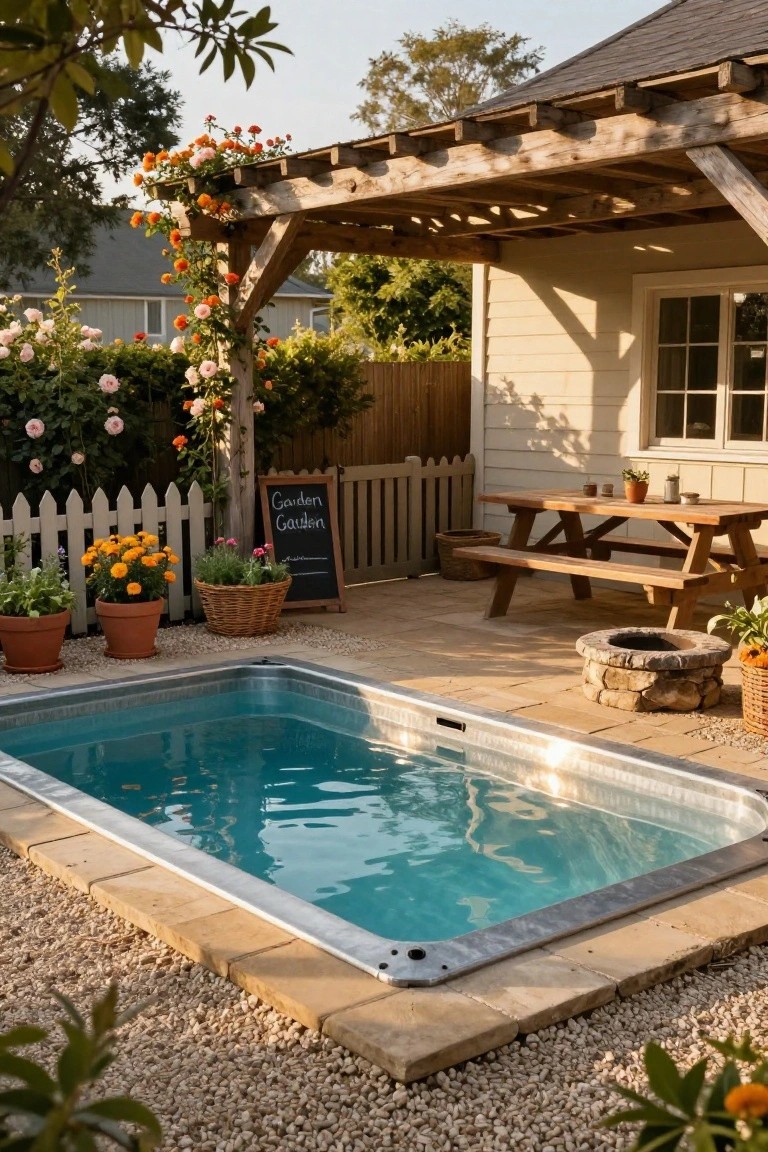 Small above-ground pool with turquoise water in a gravel-paved backyard patio, next to a wooden picnic bench, stone fire pit, potted plants, and a pergola-covered shed with climbing flowers.