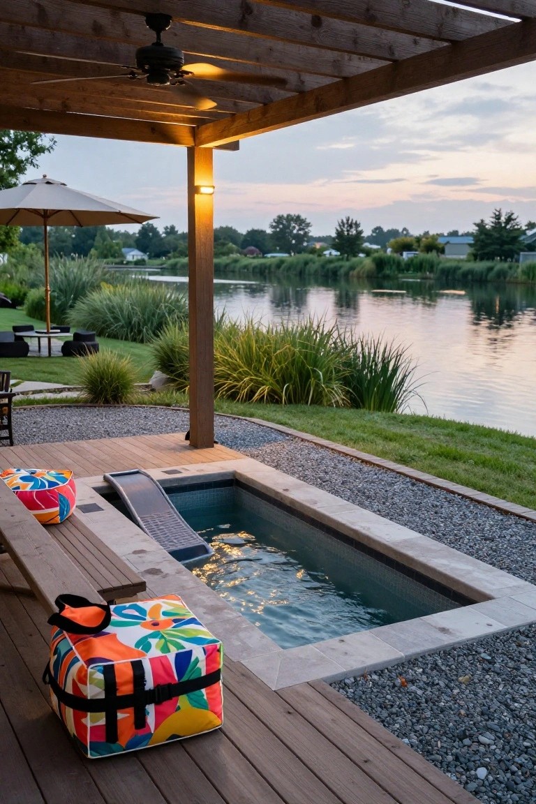 Wooden deck under a pergola featuring a rectangular tiled stock tank pool with a metal slide, colorful cushions and cooler nearby, adjacent to gravel path and grass overlooking a lake at dusk.