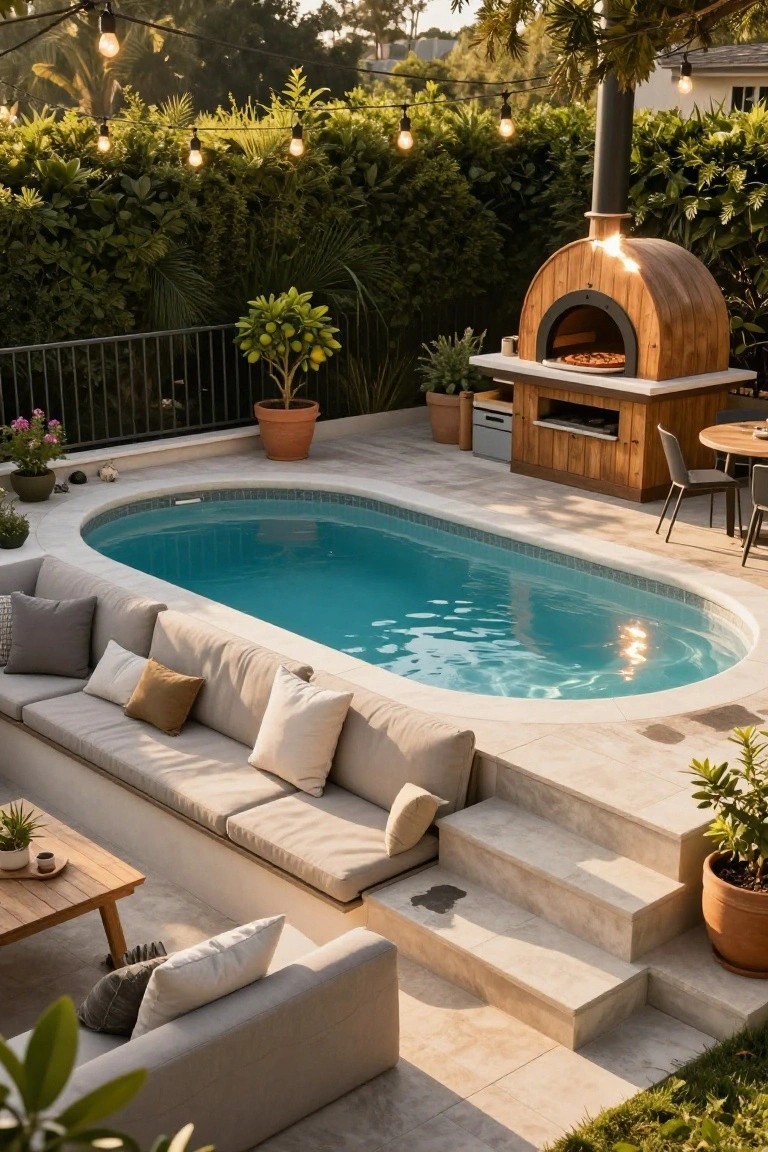 Oval turquoise stock tank pool with beige tiled surround and L-shaped outdoor sofa positioned directly against one side, wooden pizza oven nearby, potted plants, string lights overhead, and greenery in the background.