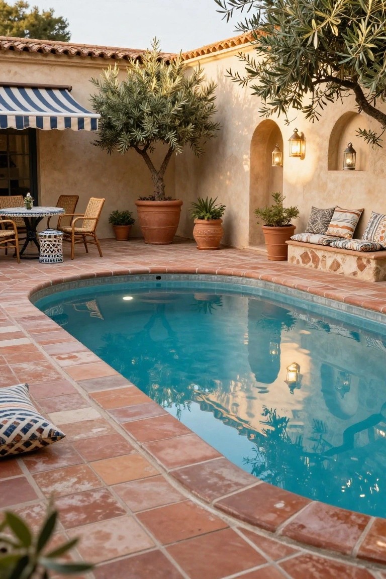 Curved turquoise pool with terracotta tile decking in a stucco-walled courtyard featuring olive trees, potted plants, wicker seating, striped cushions, and wall lanterns.