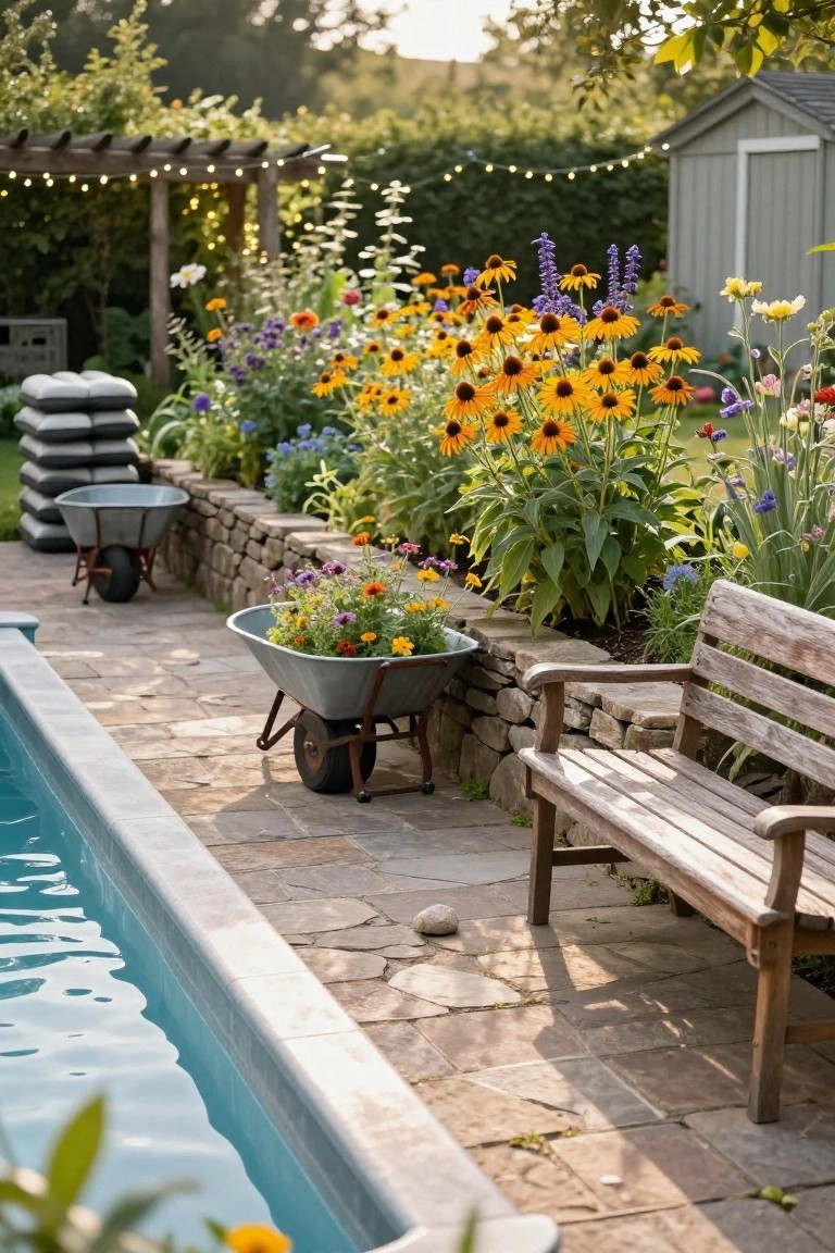 Stock tank pool along a stone-paved path with a gray wheelbarrow planter filled with colorful flowers, a wooden bench against a stone wall, surrounding flower beds with sunflowers and other blooms, and a garden shed in the background.