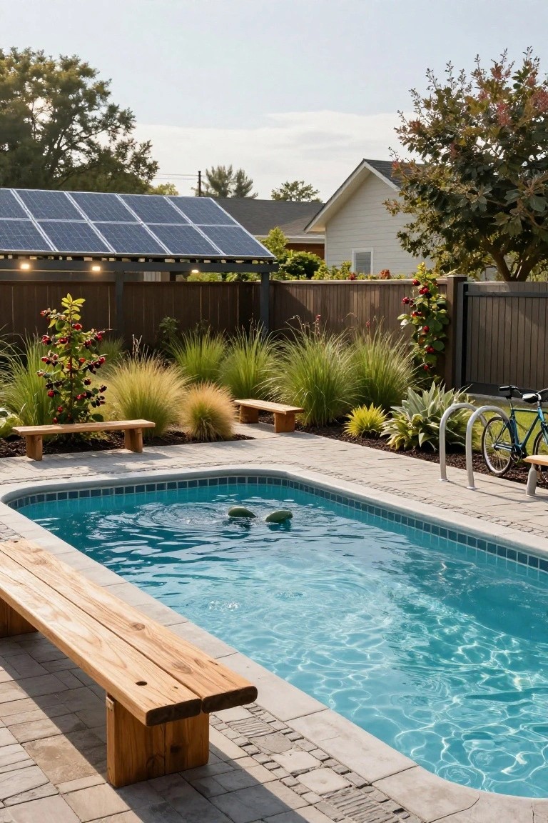 Rectangular turquoise pool with tile edges on a paver patio, flanked by long wooden benches, surrounded by grasses, agave plants, benches, and a bike, with wooden fence, solar panels, and houses in the background.