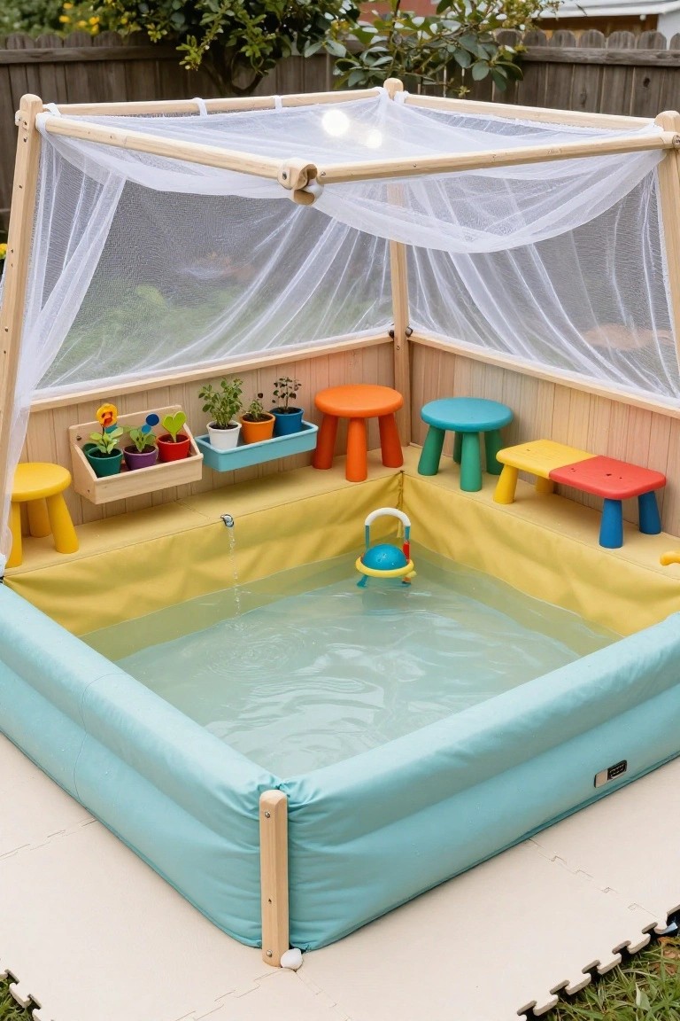 A small turquoise pool filled with water inside a square wooden frame structure with a white mosquito net canopy overhead, surrounded by colorful plastic stools, benches, and plant shelves on yellow and beige padded flooring in a backyard.