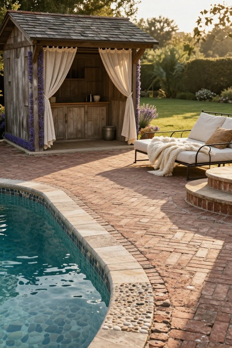 Wooden outdoor bar with white curtains and purple flower garlands beside a pool, brick paver patio with lounge chair and fire pit base, turquoise pool water with pebble mosaic floor.